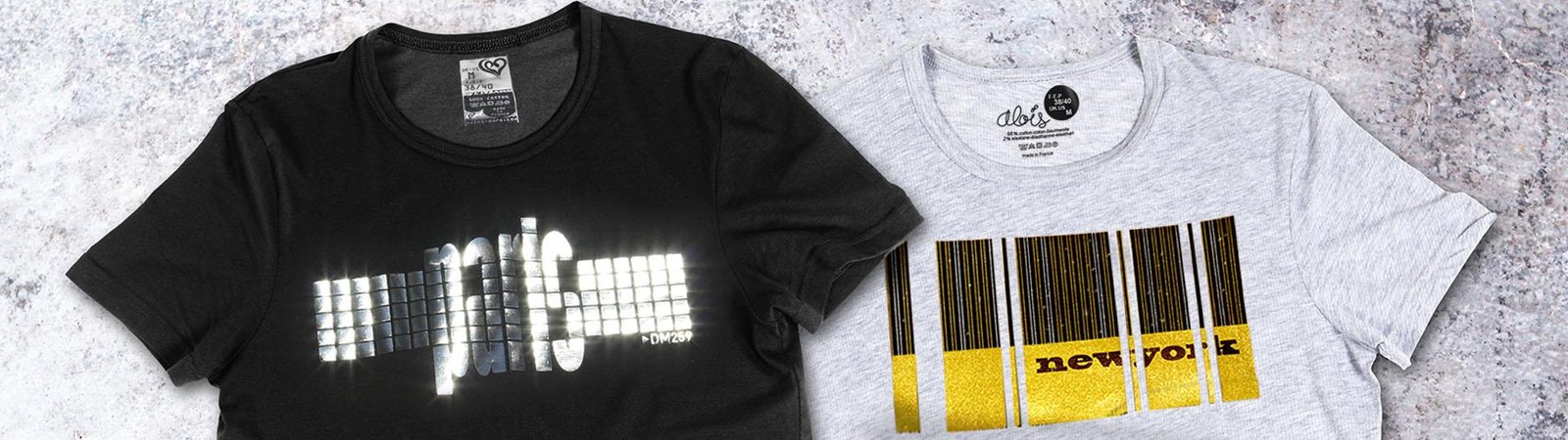 T-shirts noir et gris imprimés Paris et New York façon transfert métallisé