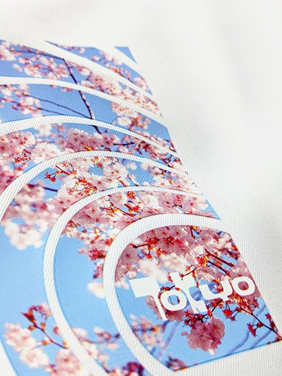 Cherry blossom silkscreen transfer applied to white fabric