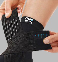 Black compression knee brace printed with an Ortho logo