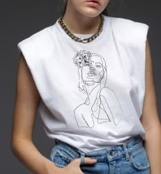 White t-shirt printed with a line-art face illustration