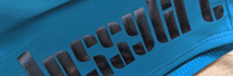 Detail of a black Die-Cut Pantone Glossy transfer on blue fabric