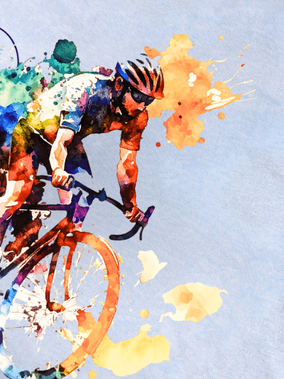 DTF transfer of a watercolour cyclist design on light blue fabric