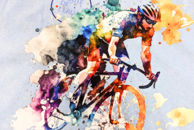 Watercolour illustration of a cyclist, example of a four-colour DTF transfer